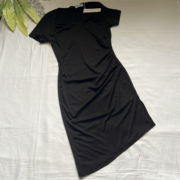 ⭐️LIUMILAC Elegant Casual Irregular Hem Short Sleeve V-Neck Side Slit Dress⭐️ - Picture 5 of 9